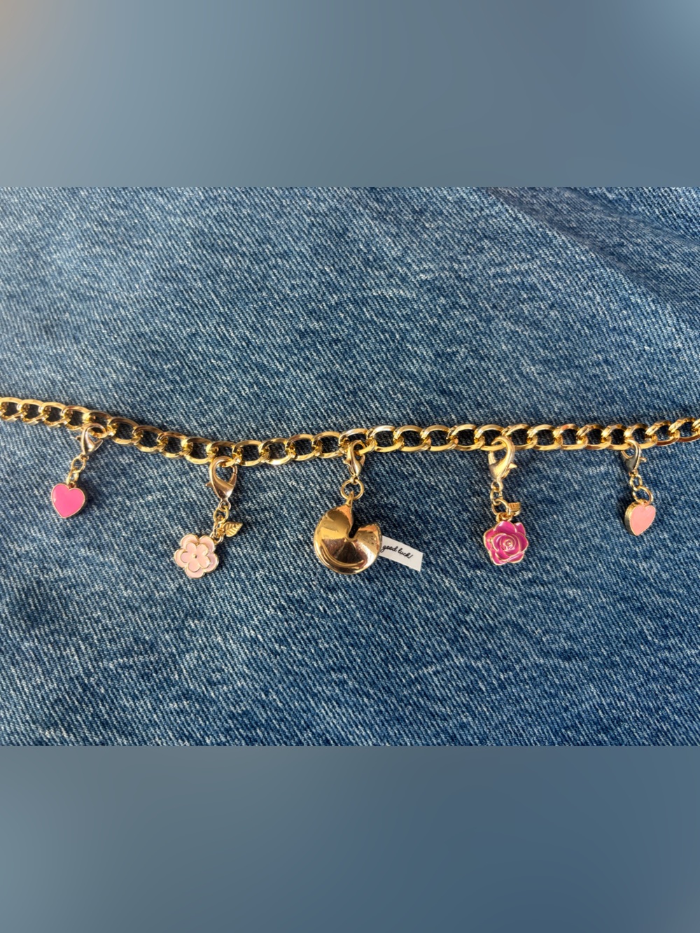 Charm Bag Chain Fortune Cookie, Enameled Flowers & Hearts